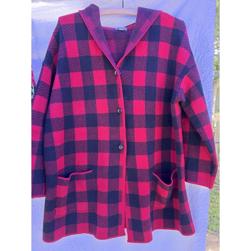 J. Jill Womens XL Red Black Plaid Knit Button Front Sweater Pockets Collared